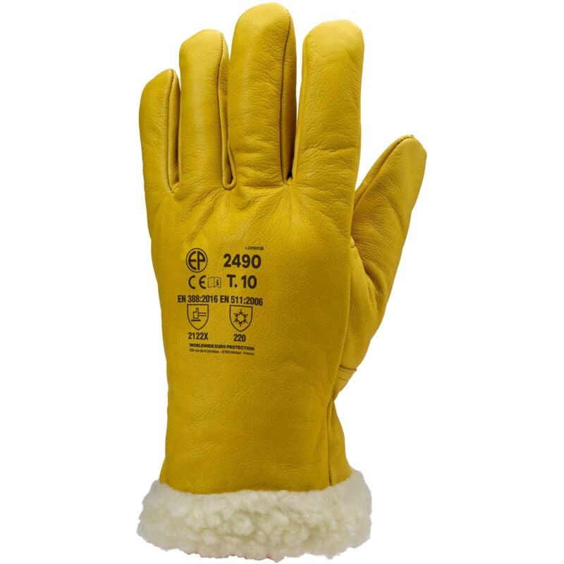 Coverguard - Lot de 6 - Gants eurowinter islande - Cuir de vachette pleine fleur jaune - Fourrure synthétique en polyamide Taille 7