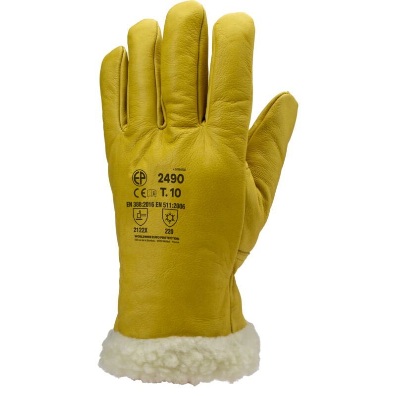 Lot de 6 - Gants eurowinter islande - Cuir de vachette pleine fleur jaune - Fourrure synthétique en polyamide Taille 11