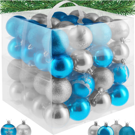Tectake – Lot de 64 boules de Noël 6cm – Surface mate, brillante ou pailletée – Couleurs argentées et bleues – 16 boules ornées de flocons pailletés