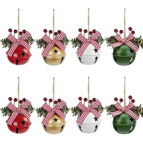 Lot 8 pendentifs cloche Noël métal + ruban/baies – sapin, guirlandes, fenêtres