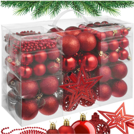 Tectake – Lot de 86 décorations de Noël rouges mates et brillantes – Boules de 3 à 6 cm – Guirlande de 5 m – Étoile 14,5 cm pour sapin