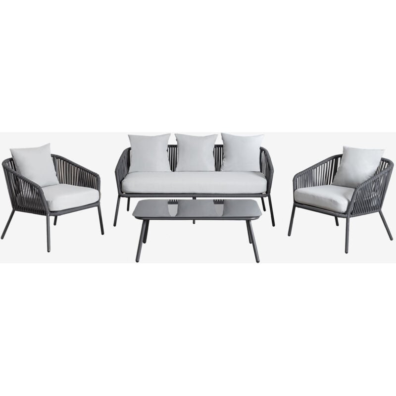 Salon de jardin avec canapé 2 places, 2 fauteuils et tables basses en aluminium et corde tressée Arhiza Sklum Gris Graphite