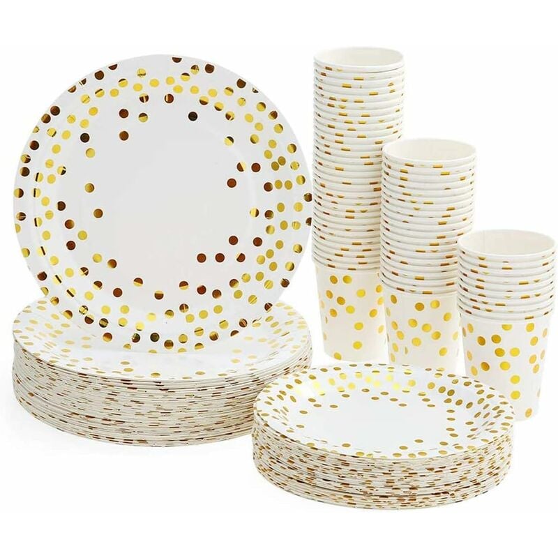 Lot Assiettes et Gobelets Jetables, 180 pièces Vaisselle Carton Jetable pour Anniversaire Fêtes Mariage avec motif doré 60 Homme Utiliser, 60 goblets