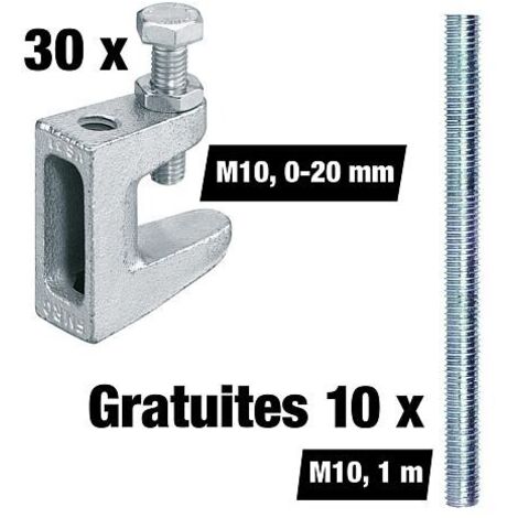 Lot avantageux d'attaches de fixation M10, plage de serrage 0-20 mm, 30 pièces + Tiges filetées M10 gratuites, 1 m, 10 pièces