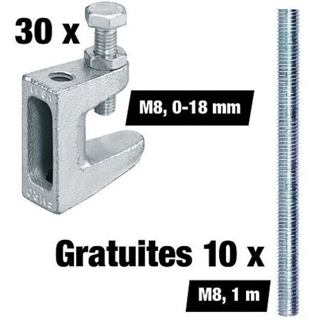 Lot avantageux d'attaches de fixation M8, plage de serrage 0-18 mm, 30 pièces + Tiges filetées M8 gratuites, 10 pièces