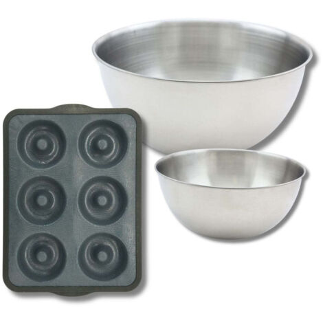 Lot avec 1 Moule 6 donuts en fibre de verre, 1 spatule Zenker et 2 bols à mixer en inox Fackelmann