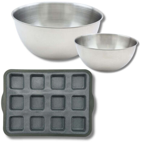 Lot avec 1 Moule à gâteaux 12 carrés en silicone fibre de verre, 1 spatule Zenker et 2 bols à mixer en inox Fackelmann