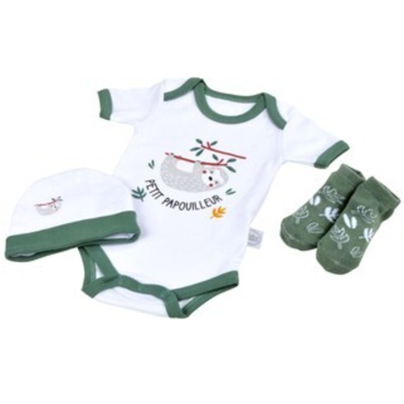 Lot body + bonnet + chaussettes à motif paresseux 100% coton pour bébés - Naissance - Blanc et vert - Gamme Savane - Livraison gratuite