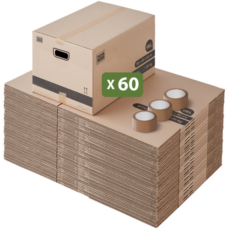 Lot 60 cartons déménagement l larges - 40 x 60 x 40 cm - Poignées renforcées - 3 adhésifs offerts