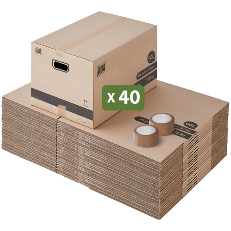 Lot 40 cartons déménagement L larges - 40 x 60 x 40 cm - Poignées renforcées - 2 adhésifs offerts