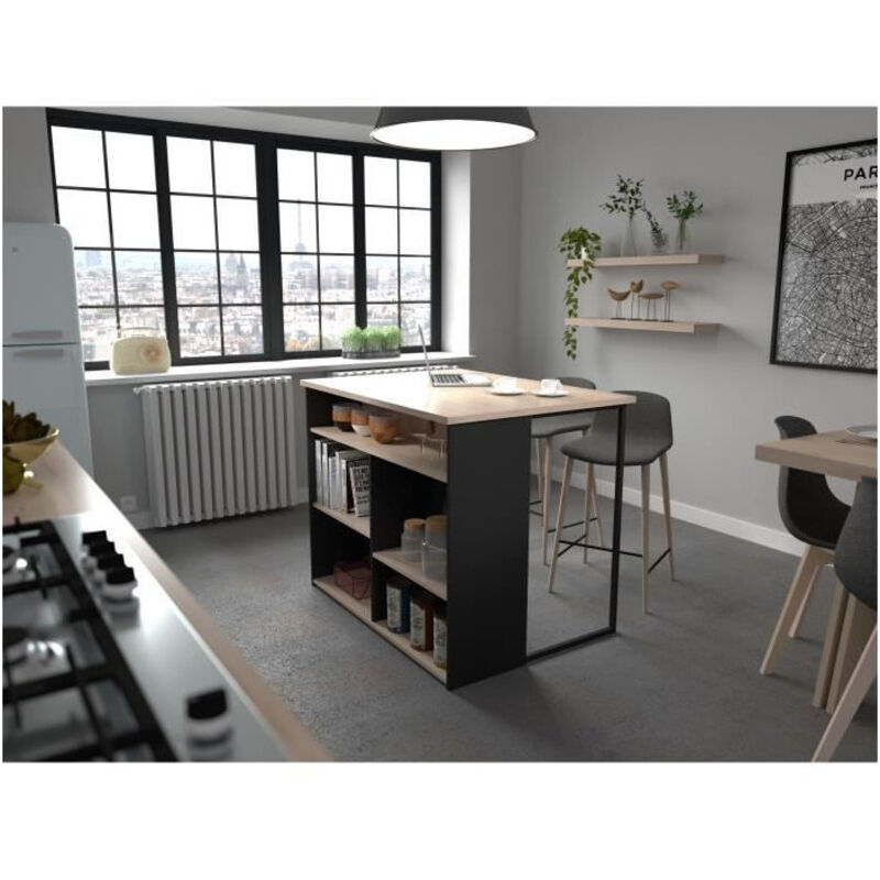 Îlot central BRUNCH - Décor chene et noir - 5 espaces de rangement - Modulable - L 109,4 x P 79,7 x H 89,8 cm