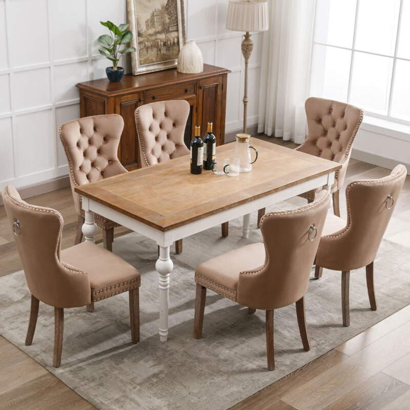 Lot de 6 chaises de salle à manger. Chaise de cuisine. en Velours. 53.5 x 64 x 95 cm. Marron Clair