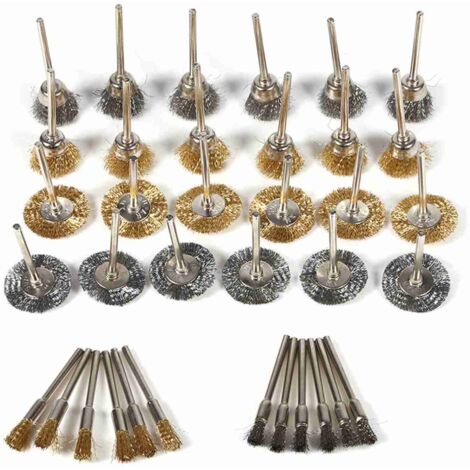 Lot complet de 36 outils de polissage et nettoyage pour rotatif： 36 pièces en cuivre et steel fil inoxydable， 3 formes (pinceau, cupule, roue) pour multi surfaces.