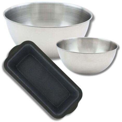 Lot comprenant 1 Moule à cake en silicone fibre de verre, 1 spatule Zenker et 2 bols à mixer en inox Fackelmann