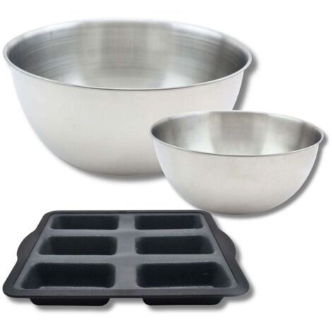 Lot comprenant 1 Moule à financier en silicone fibre de verre, 1 spatule Zenker et 2 bols à mixer en inox Fackelmann