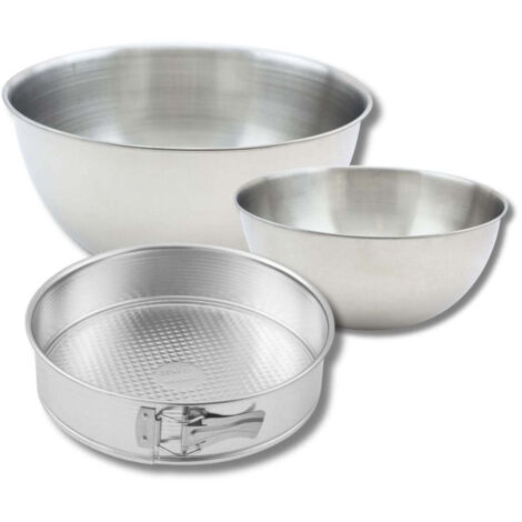 Lot comprenant 1 Moule à manqué charnière, 1 spatule Zenker et 2 bols à mixer en inox Fackelmann