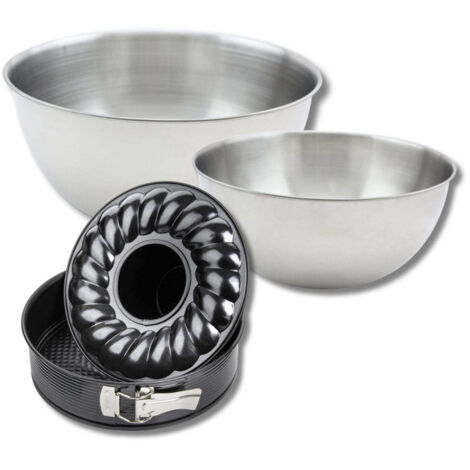 Lot comprenant 1 Moule à manqué et à savarin 24 cm, 1 spatule Zenker et 2 bols à mixer en inox Fackelmann