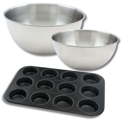 Lot comprenant 1 Moule à Muffins 12 empreintes, 1 spatule Zenker et 2 bols à mixer en inox Fackelmann