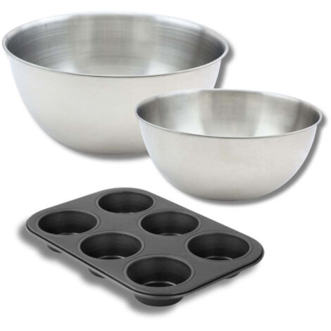 Lot comprenant 1 Moule à Muffins 6 empreintes, 1 spatule Zenker et 2 bols à mixer en inox Fackelmann