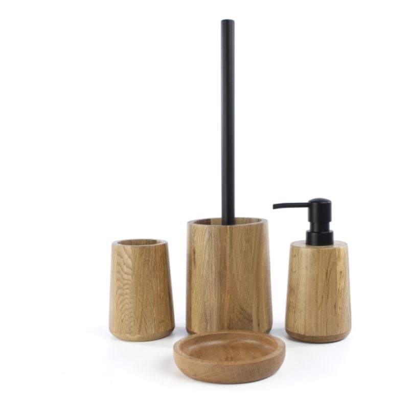 Lot d'accessoires wc Deblanch oak en bois avec brosse wc + distributeur + gobelet + porte-savon
