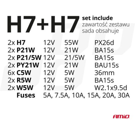 Lot d'ampoules de rechange, fusibles, 30 pièces. H7 + H7 AMIO-03959