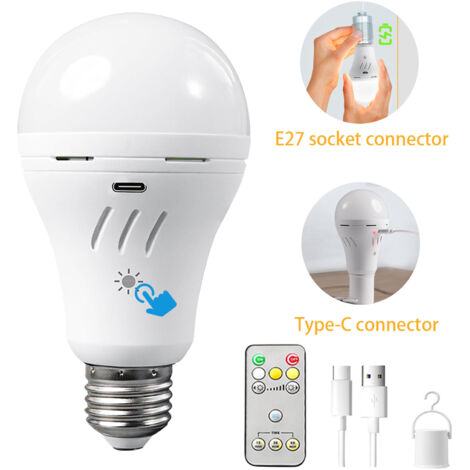 Lot de 1 Ampoule LED rechargeable avec télécommande, 700lm, batterie 2600mAh, 3 niveaux de gradation,3000K/4000K/6000K