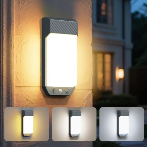 Lot de 1 Applique Murale Exterieure Detecteur de Mouvement, 3 Couleurs 3000K/4000K/6500K LED Eclairage Exterieur IP65 Etanche, 16W 1600LM Lampe Murale pour Terrasse Entrée Jardin, Gris Plomb