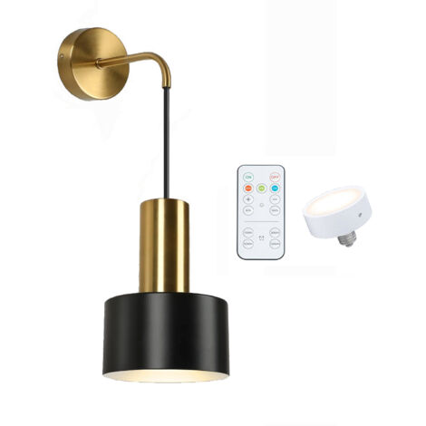 Lot de 1 appliques murales à piles, lampes murales rechargeables sans fil dorées et noires avec ampoules amovibles à intensité variable de 5200 mAh et télécommande, 3 couleurs, appliques murales décor