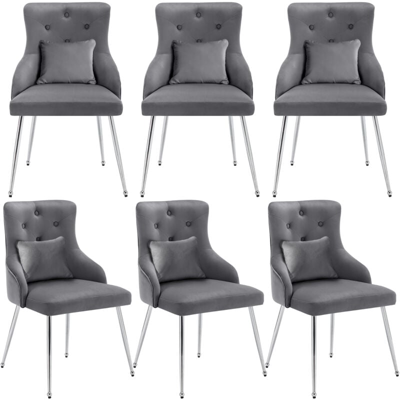 Lot de 6 chaises de salle à manger à motif de boutons avec pieds en métal et coussin lombaire, gris