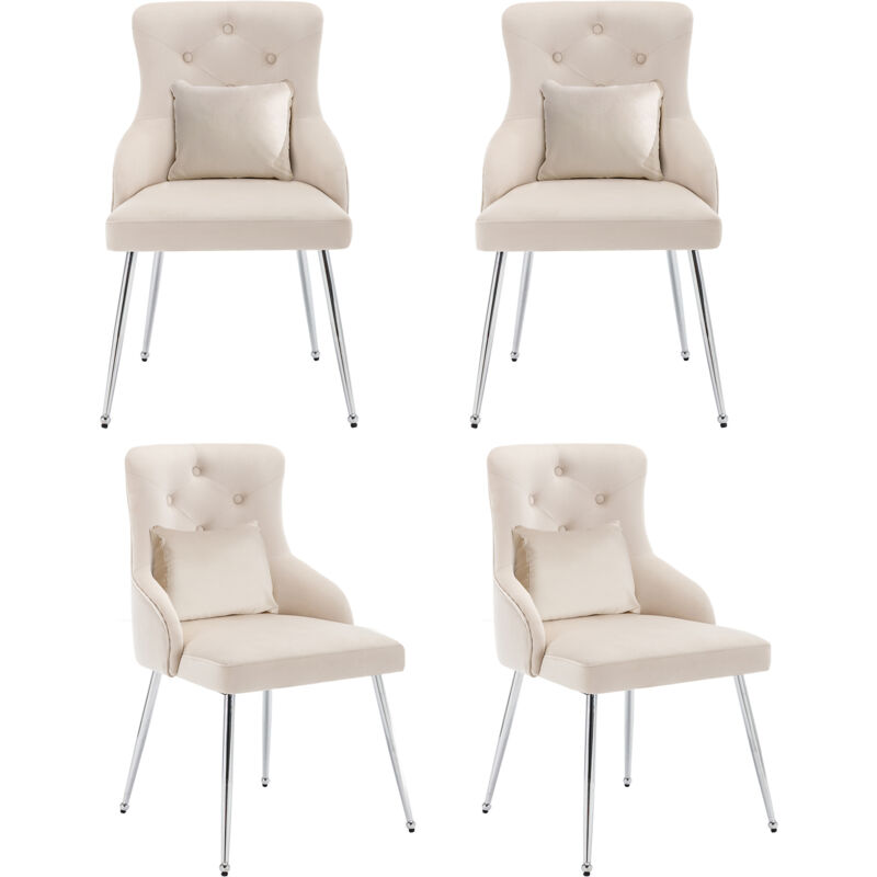 Lot de 4 chaises de salle à manger à motif de boutons avec pieds en métal et coussin lombaire, beige