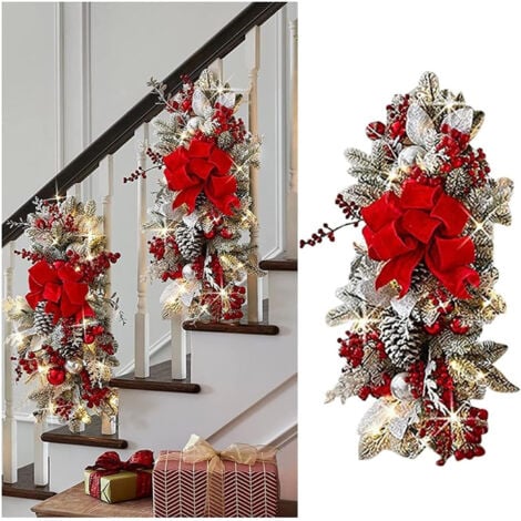 FLITI Lot de 2 guirlandes lumineuses sans fil pour escaliers de Noël, décorations d'escalier artificielles, guirlandes de Noël rustiques pour porte d'entrée, mur, fenêtre, escalier, décoration d'intérieur