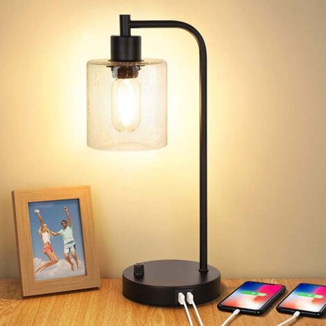 Lot de 1 lampe de table industrielle avec 2 ports USB, veilleuse à intensité variable