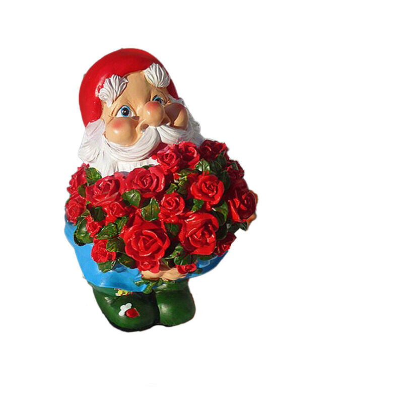 Xinuy - Lot de 1 nain de jardin avec un bouquet de roses rouges Ornement de jardin Ornement Résine Artisanat