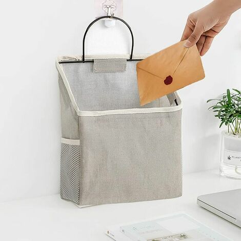 Lot de 1 sac de rangement mural avec crochet collant, rangement suspendu pour placard, sac de rangement pour salle de bain, dortoir, boîte de rangement en coton et lin pour chambre à coucher (gris)