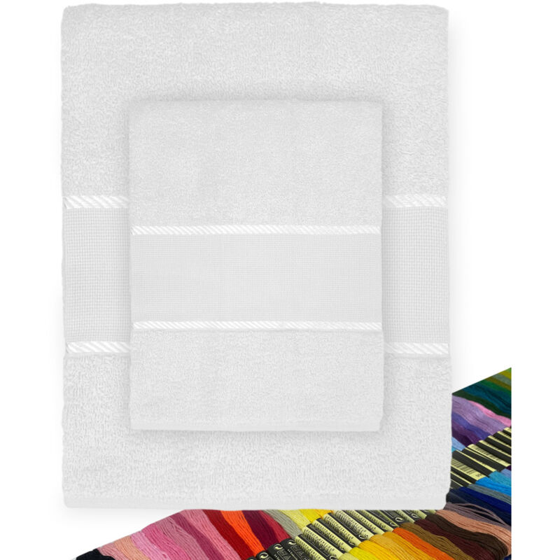 LOT DE 1 SERVIETTE DE TOILETTE + 1 SERVIETTE INVITÉ EN ÉPONGE ET TOILE AÏDA À BRODER AU POINT DE CROIX AVEC FIL OFFERT Blanc