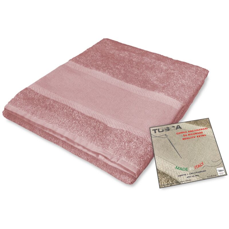 LOT DE 1 SERVIETTE de toilette + 1 SERVIETTE invité TOSCA en éponge et TOILE AÏDA à BRODER AU POINT DE CROIX Rose antique