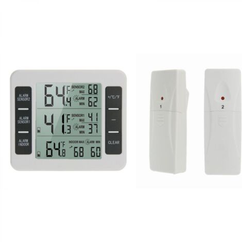 lot de 1 Thermomètre de Frigo Congelateur, Thermomètre de Réfrigérateur sans Fil avec 2 Capteurs, Alarme Sonore, Min/Max, Thermomètre in/Extérieur pour Maison Cuisine Restaurant Bars Café