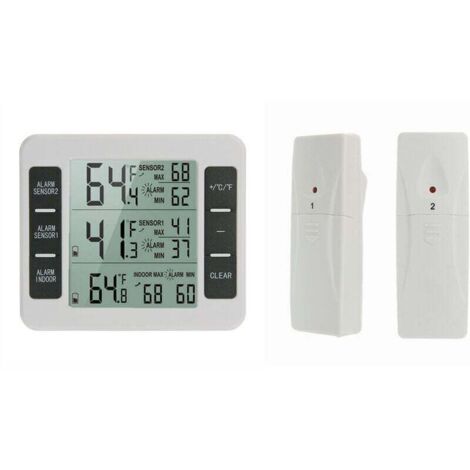 lot de 1 Thermomètre de Frigo Congelateur, Thermomètre de Réfrigérateur sans Fil avec 2 Capteurs, Alarme Sonore, Min/Max, Thermomètre in/Extérieur pour Maison Cuisine Restaurant Bars Café