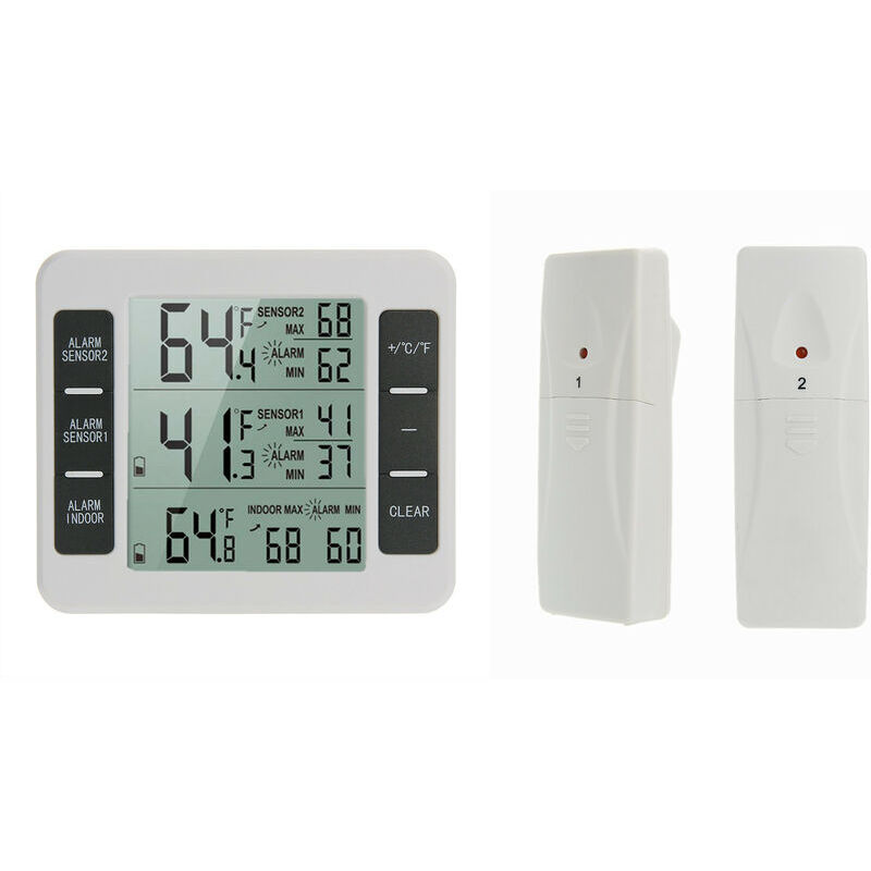 Lot de 1 Thermomètre de Frigo Congelateur, Thermomètre de Réfrigérateur sans Fil avec 2 Capteurs, Alarme Sonore, Min/Max, Thermomètre in/Extérieur