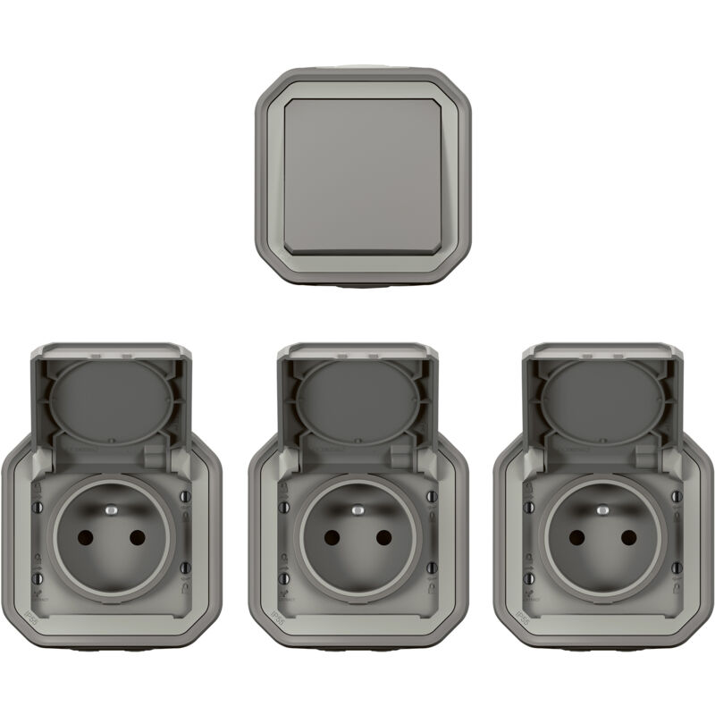 Legrand - Lot de 1 va-et-vient + 3 prises de courant Plexo complet saillie - gris