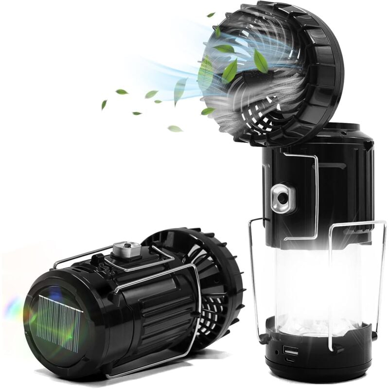Lot de 1 Ventilateur de camping avec lumière Lampe de camping led Lanterne USB/solaire/batterie rechargeable Accessoires de camping en plein air
