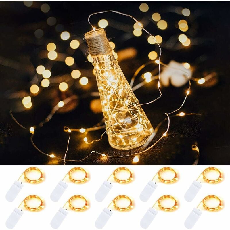 Lot de 10 2 m Fairy Light 20 led Guirlande Lumineuse Fée à Pôles Fil de Cuivre Étanche Cordon Étoilé pour Bricolage Fête de Mariage Décoration de