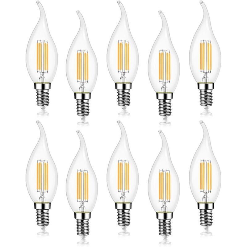 Lot de 10 4W Ampoule de Filament LED E14 470LM Flamme Bougie Blanc froid 6000K, Non-Dimmable, Angle de Faisceau 360°