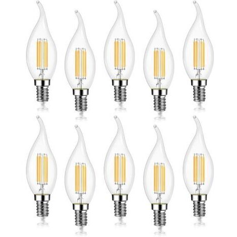 Lot de 10 4W Ampoule de Filament LED E14 470LM Flamme Bougie Blanc froid 6000K, Non-Dimmable, Angle de Faisceau 360°