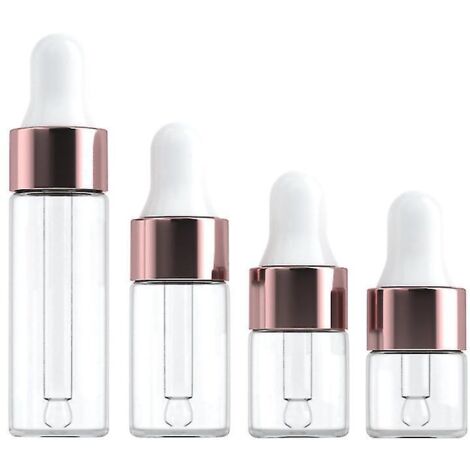 Lot de 10/50/100 mini flacons compte-gouttes en verre vides pour huiles essentielles et aromathérapie, bouchon or rose, 1 ml, 3 ml, 5 ml (30 pièces).