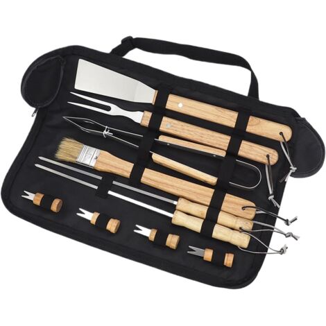 Lot de 10 accessoires de barbecue avec poignées en bois - Accessoires de