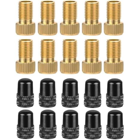 Lot de 10 adaptateurs en laiton pour valves Presta + 10 bouchons de valve Schrader pour vélo Presta vers Schrader AV - Adaptateur de valve de vélo