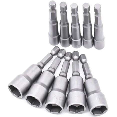 Lot de 10 aimants à douille hexagonale, clé à douille 6-19 mm, clé à visser pour perceuse (acier au chrome vanadium)