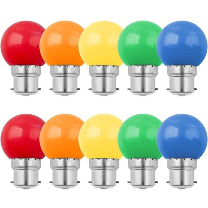 Lot de 10 Ampoule Couleur LED B22 1W, Ampoule à Baïonnette Colorées, Équivalent Incandescence 10W, Ampoule G45 Mini Globe, Rouge Vert Bleu Orange