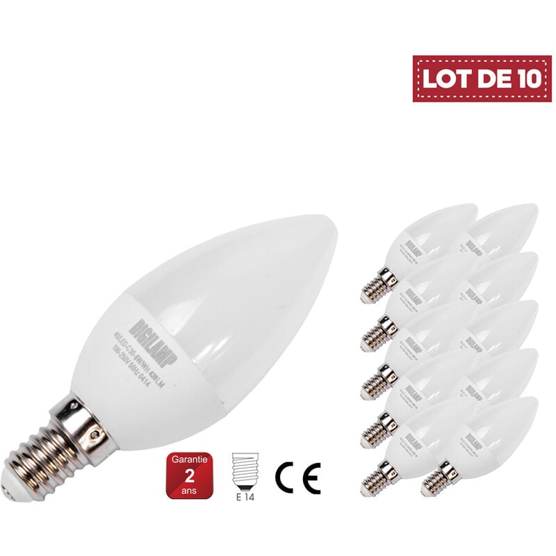 Lot de 10 Ampoule led bougie Blanc Neutre 4000K E14 6W 220V C37 180° Digilamp